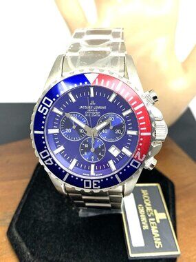 Jacques Lemans Men's Watch G-195C Chronograph Swiss Quartz Blue Dial Pepsi 44mm